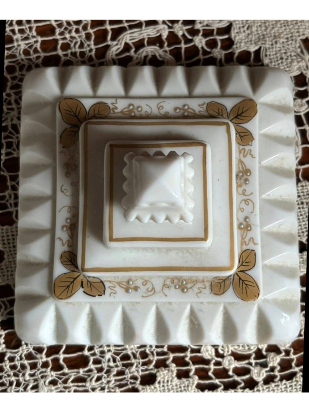 Vintage Westmoreland Milk Glass Covered Candy Dish | Gold Grape Pedestal Compote - Picture 9 of 9